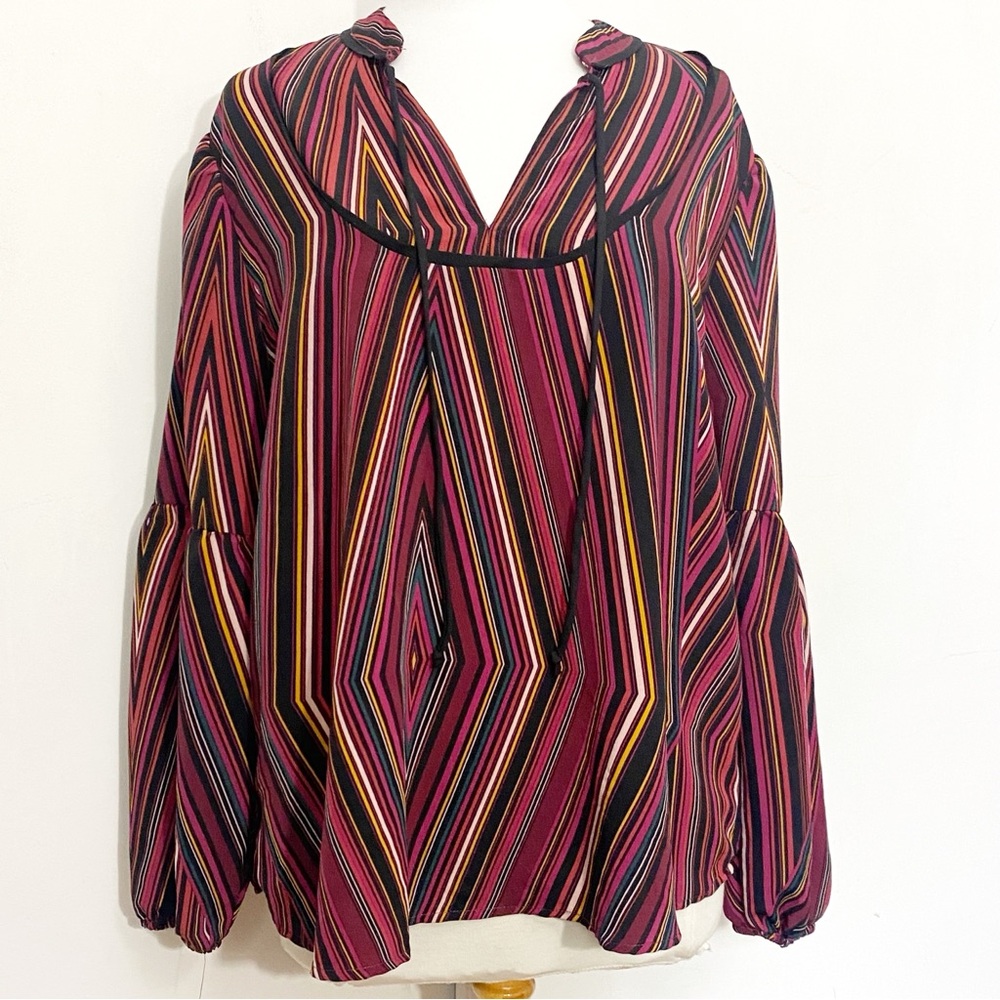Maurices Striped Multicolor Burgundy Women's Balloon Sleeve Top Blouse XL